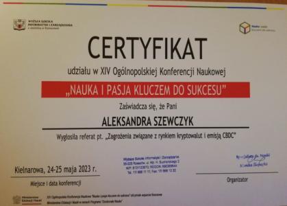 Aleksandra Szewczyk certyfikat wygłoszenia referatu „Zagrożenia związane z rynkiem kryptowalut i emisją CBDC” 