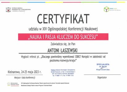 Antoni Łaszewski certyfikat wygłoszenia referatu „Dlaczego powinniśmy wyemitować CBDC? Korzyści w zależności od poziomu rozwoju kraju”